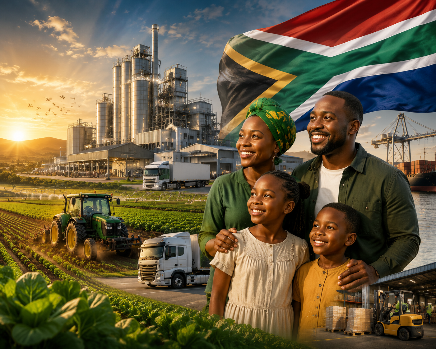 A South African family standing together at sunrise