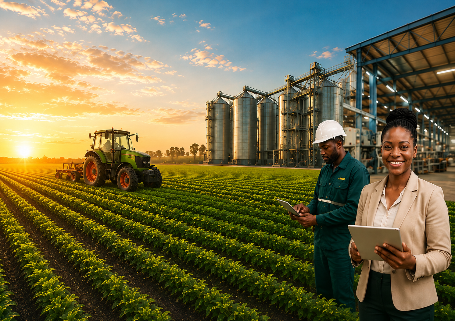 South African agribusiness at sunrise with tractor, grain silos, processing plant and two professionals reviewing tablets