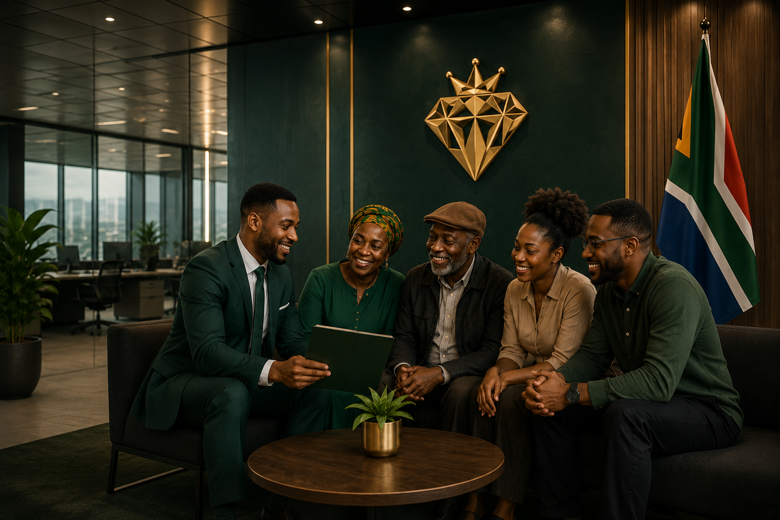 South African professionals assisting clients at a modern customer service centre