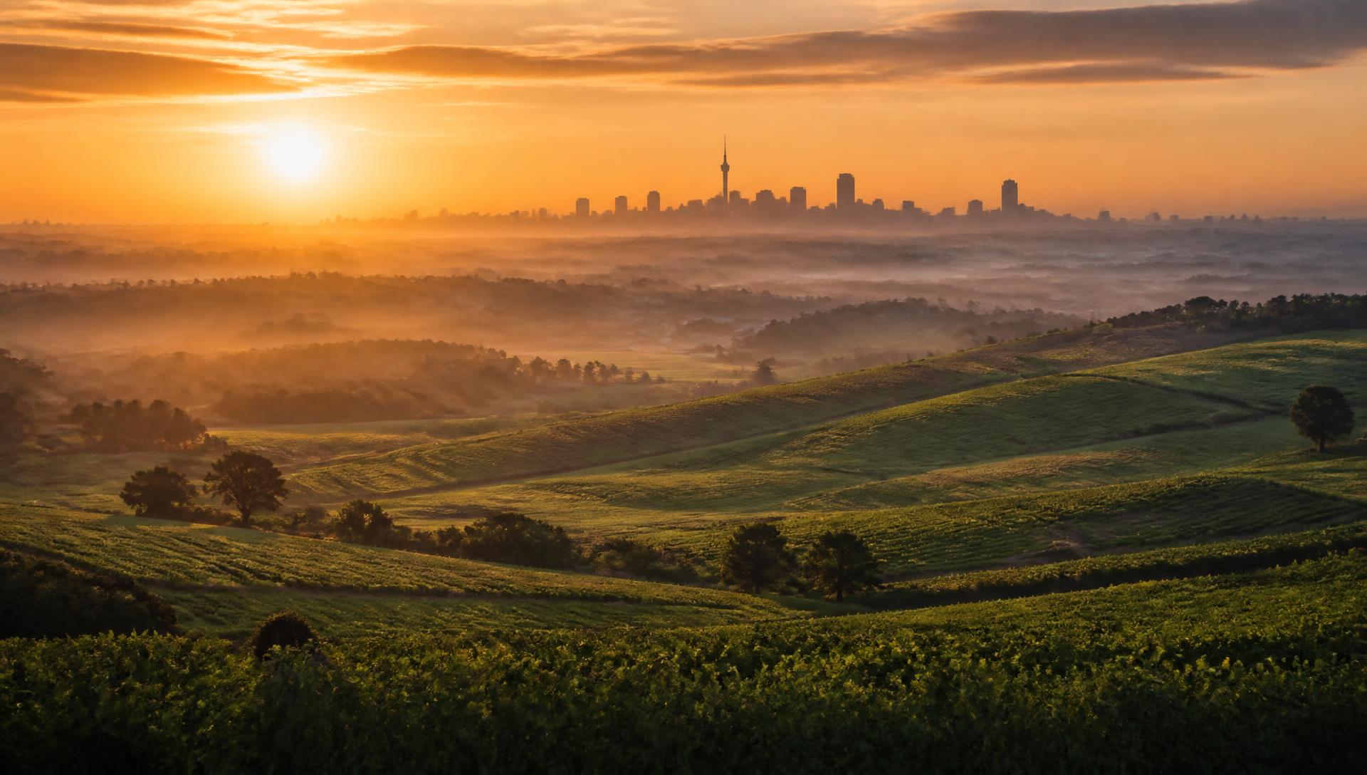 Sunrise over South African farmland and city skyline