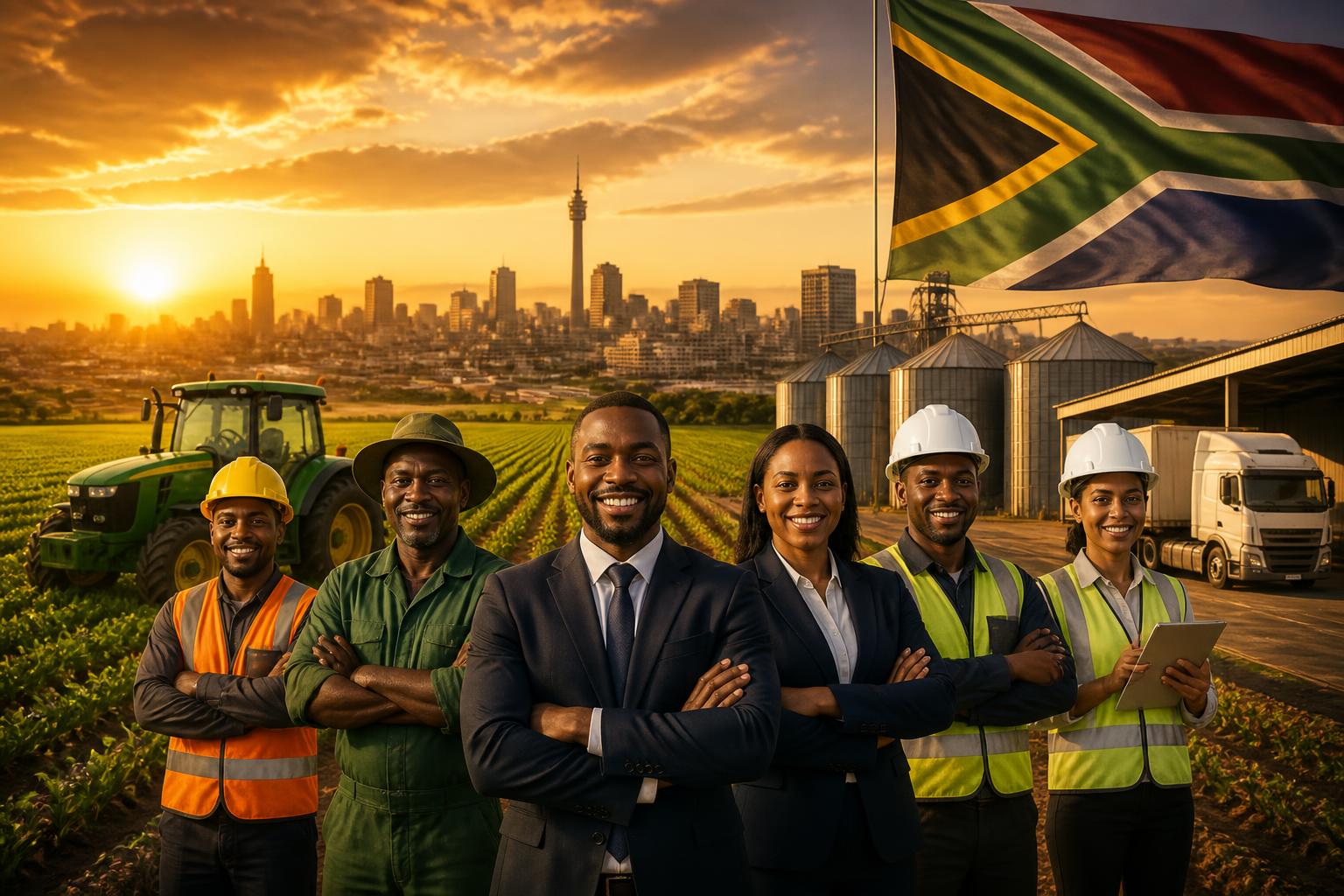 South Africans across agriculture, business, industry and logistics standing together with the South African flag at sunset